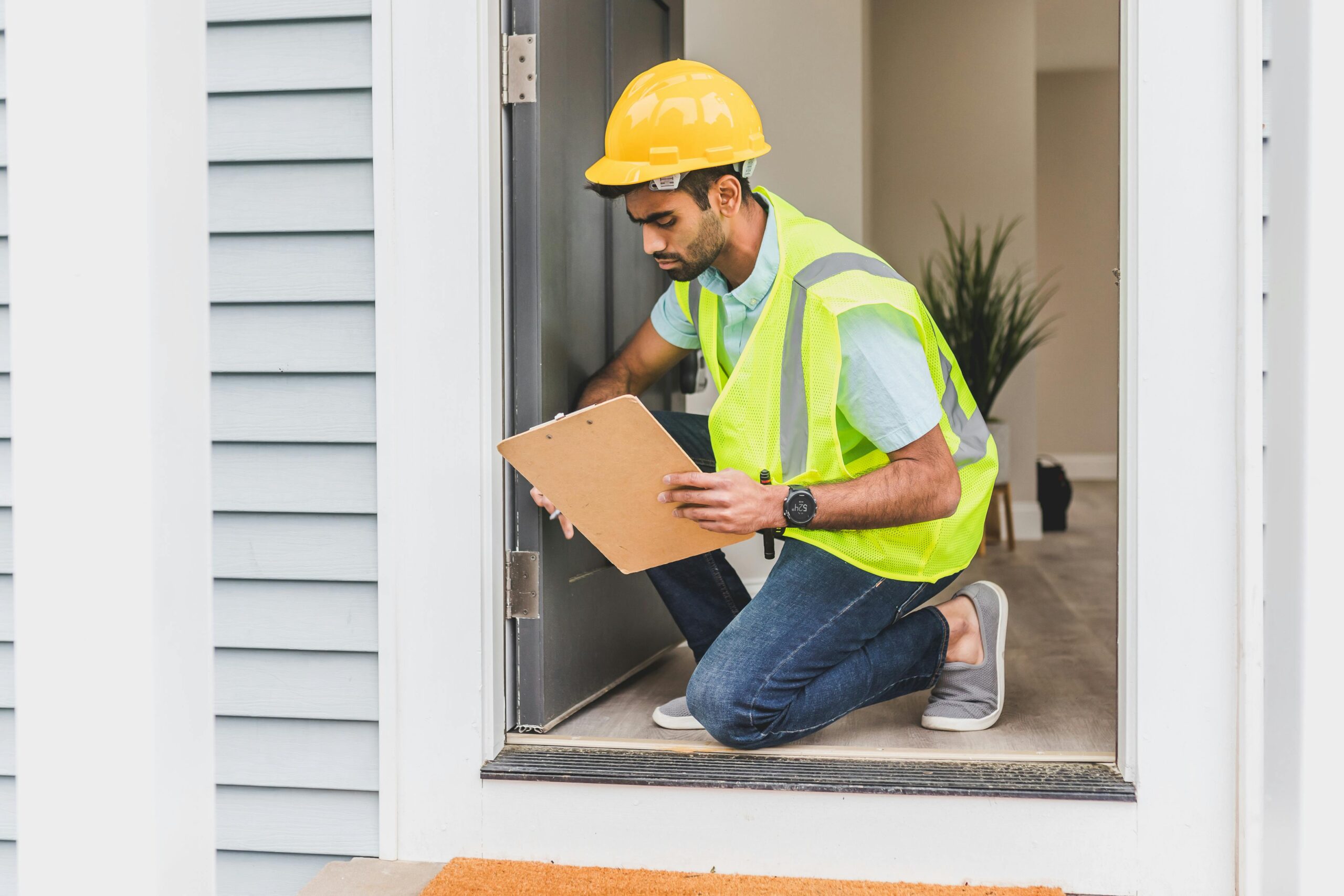 a man in a hard hat and neon vest inspecting a doorway