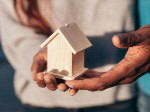 hands holding a wooden house