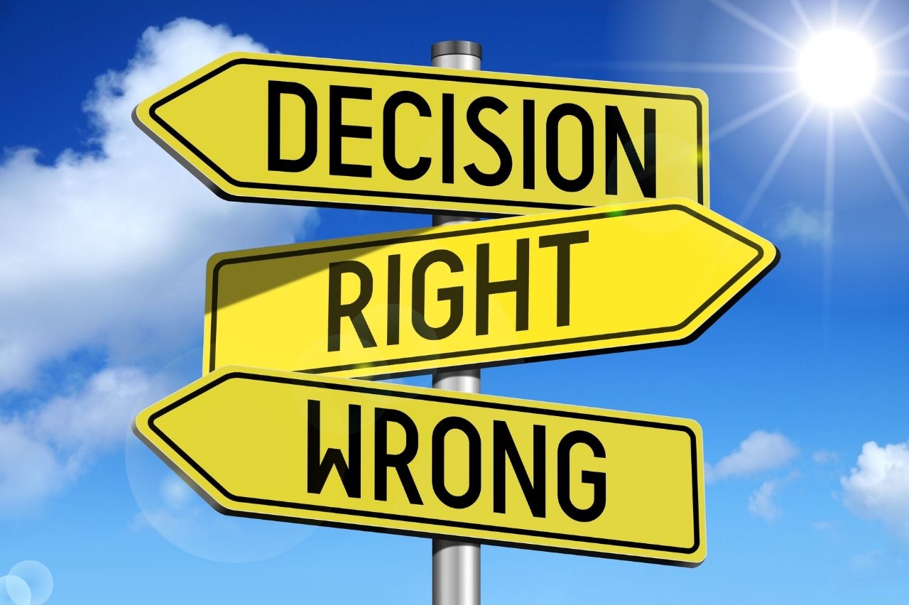 Yellow street signs reading “Decision,” “Right,” and “Wrong” pointing in different directions against a bright blue sky.