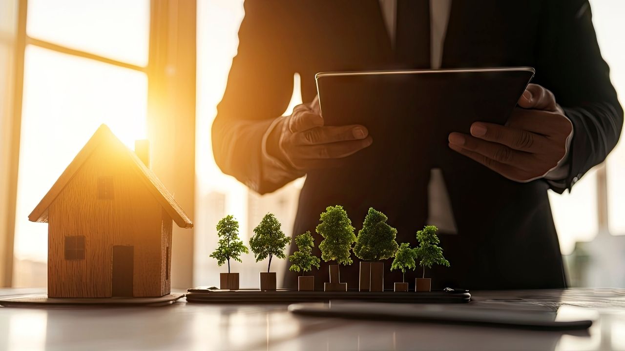 Business person using digital tablet next to miniature house model at sunset