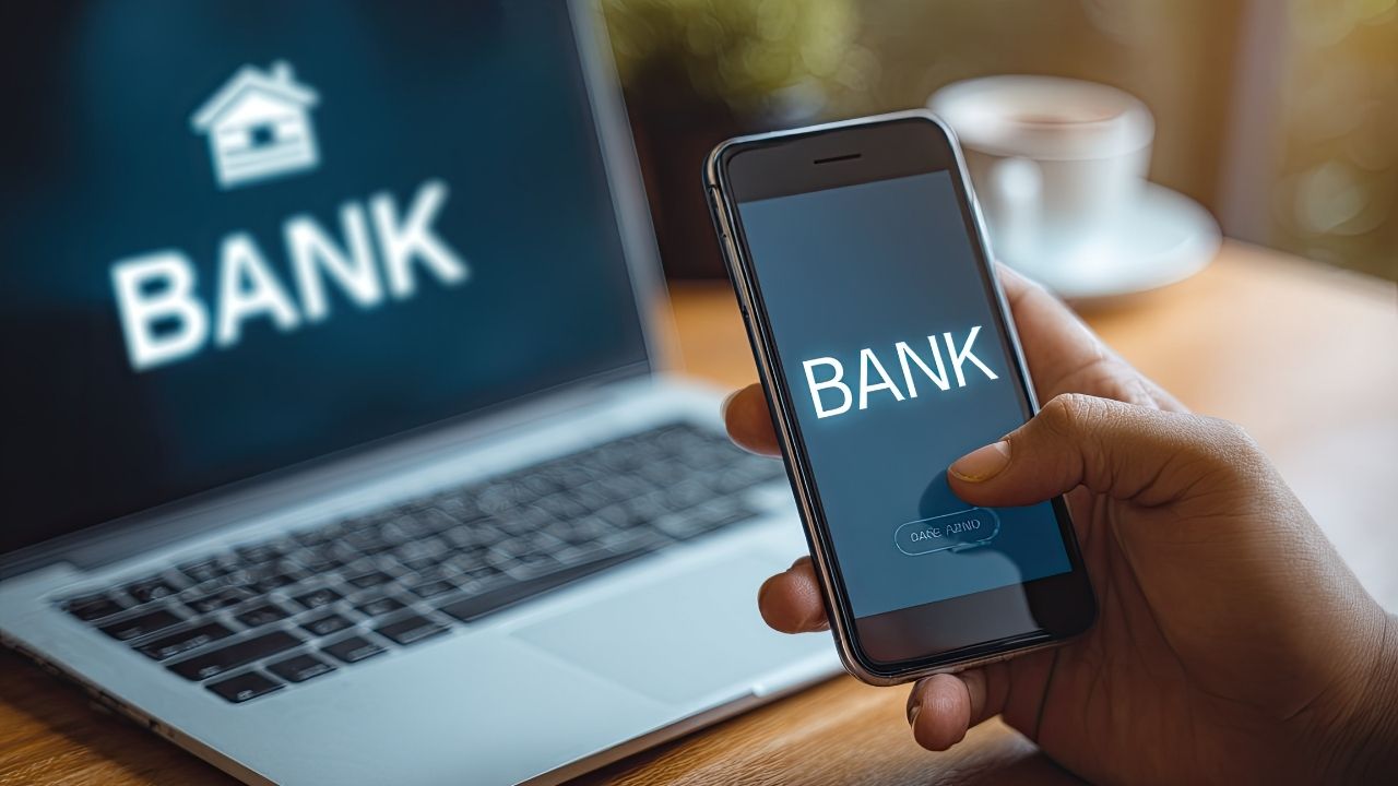 Hand holding smartphone with mobile banking app, laptop in background