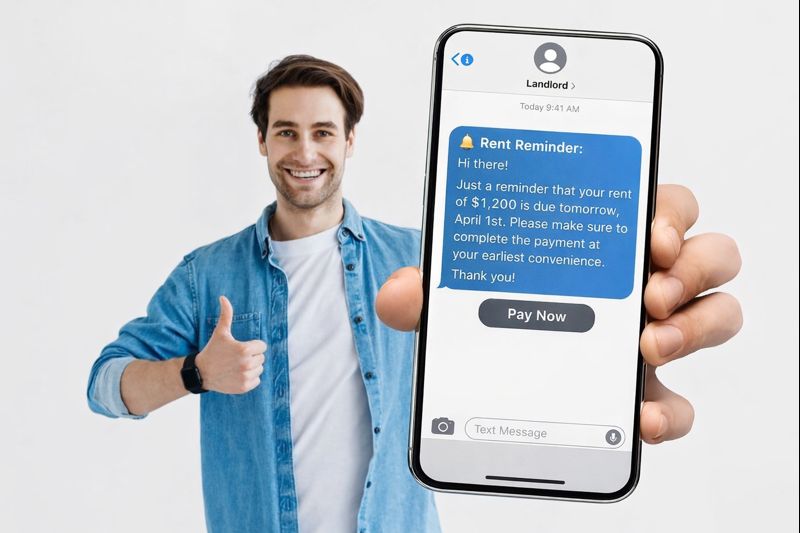 Smiling man holding smartphone showing rent reminder message with thumbs up