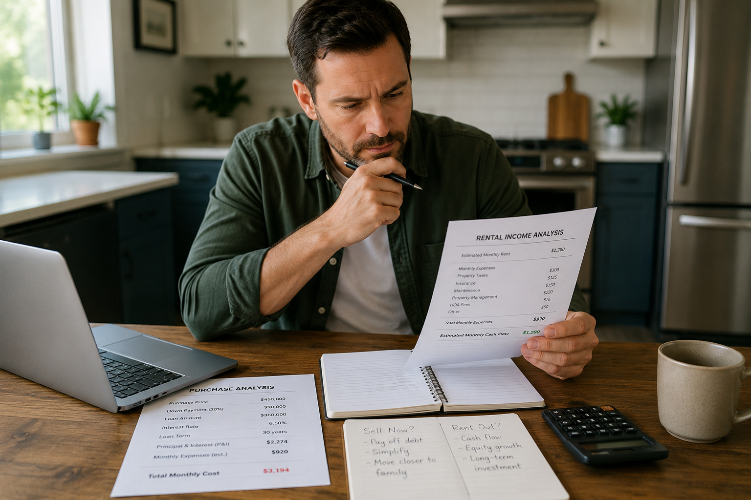 homeowner reviewing rental property finances at kitchen table
