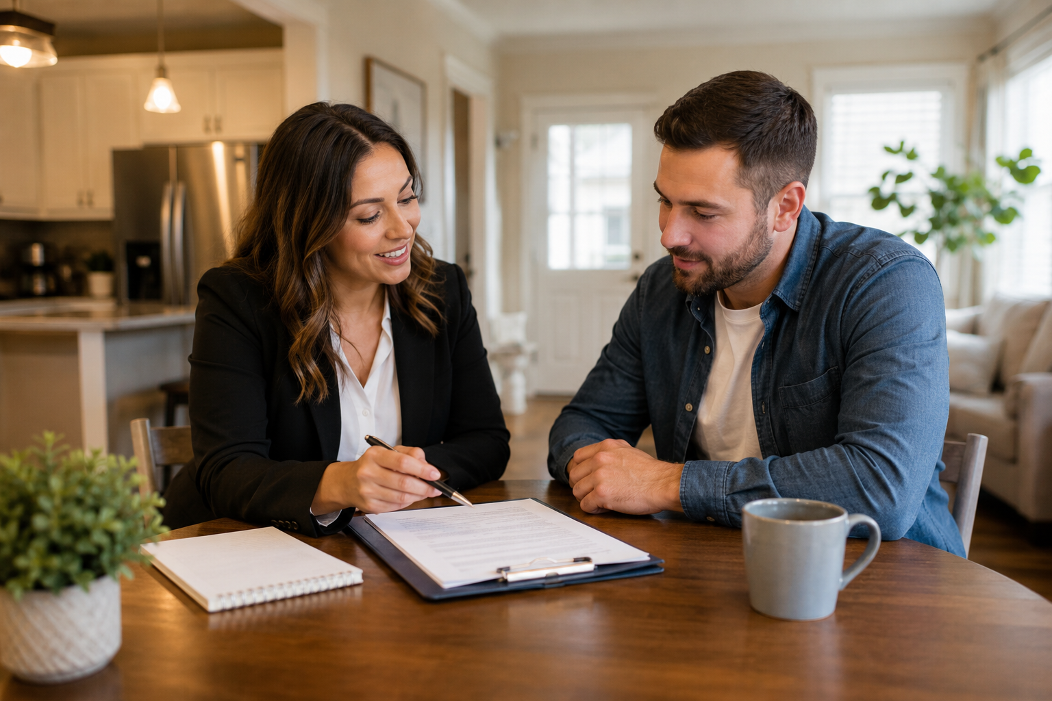 a man and a woman sitting down having a conversation. the woman has a clipboard in front of her