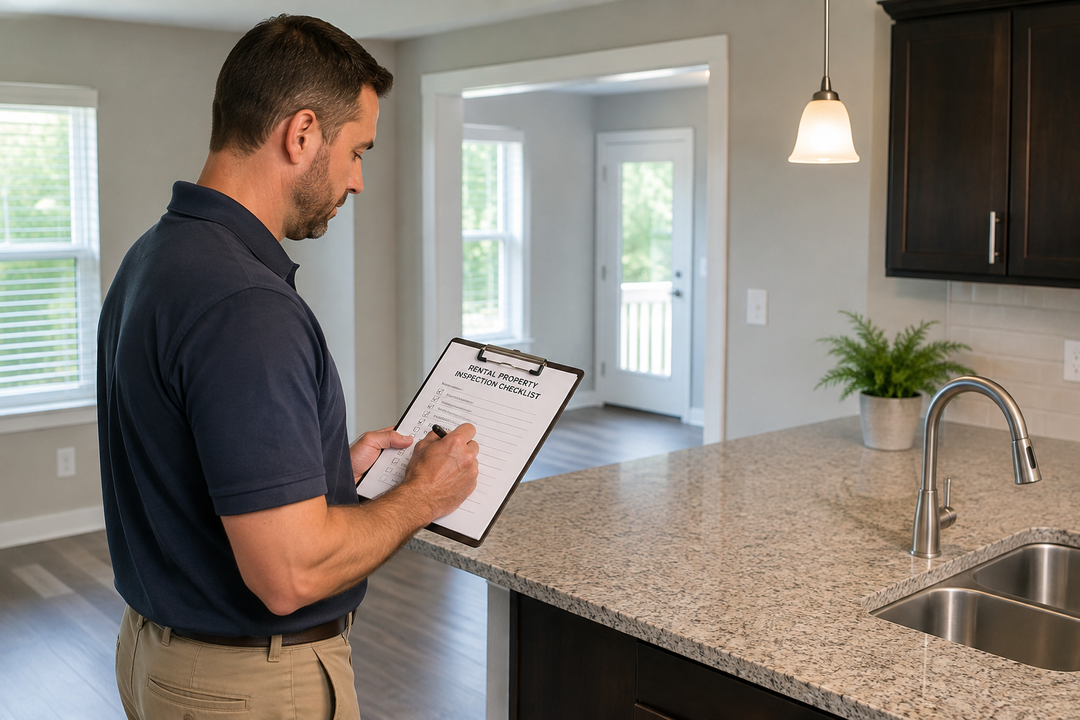 man standing in a kitchen with a rental property inspection checklist