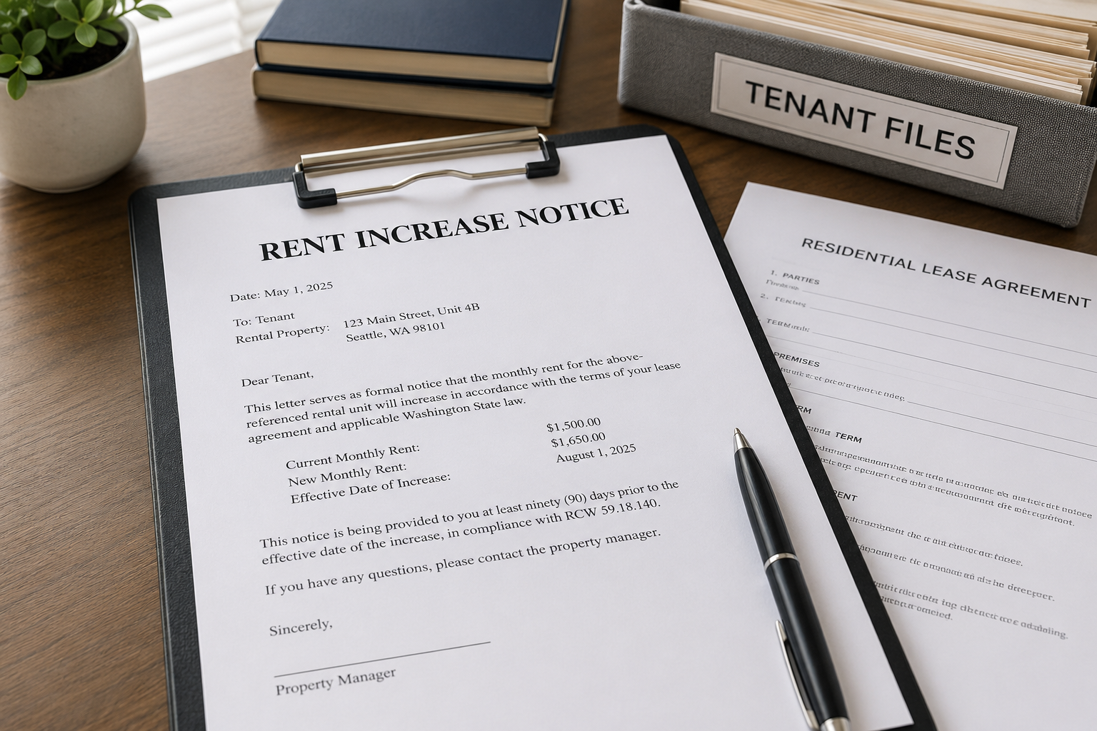 rent increase notice on a clipboard with a pen and other tenant files