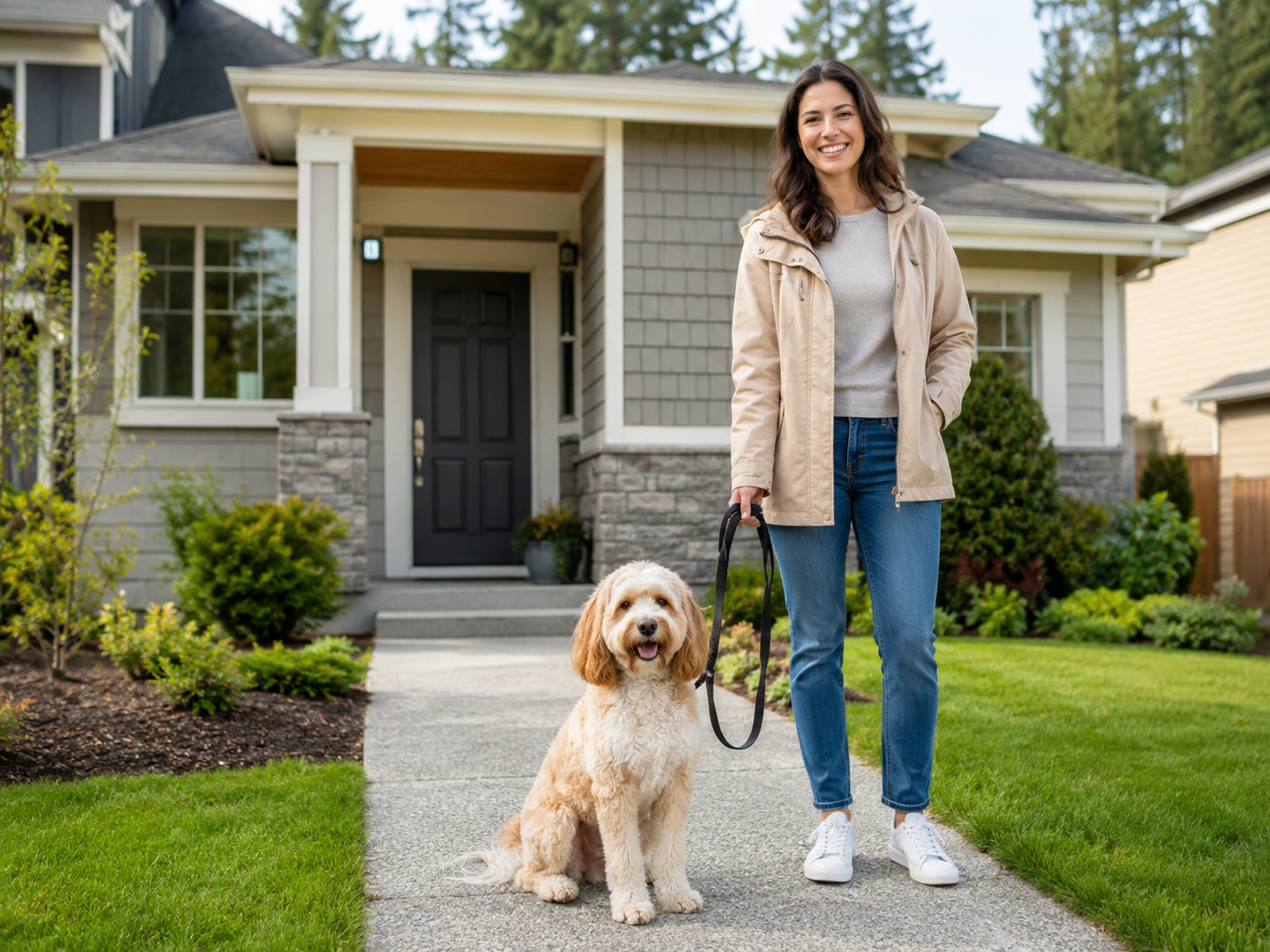 woman walking a dog in front of a house