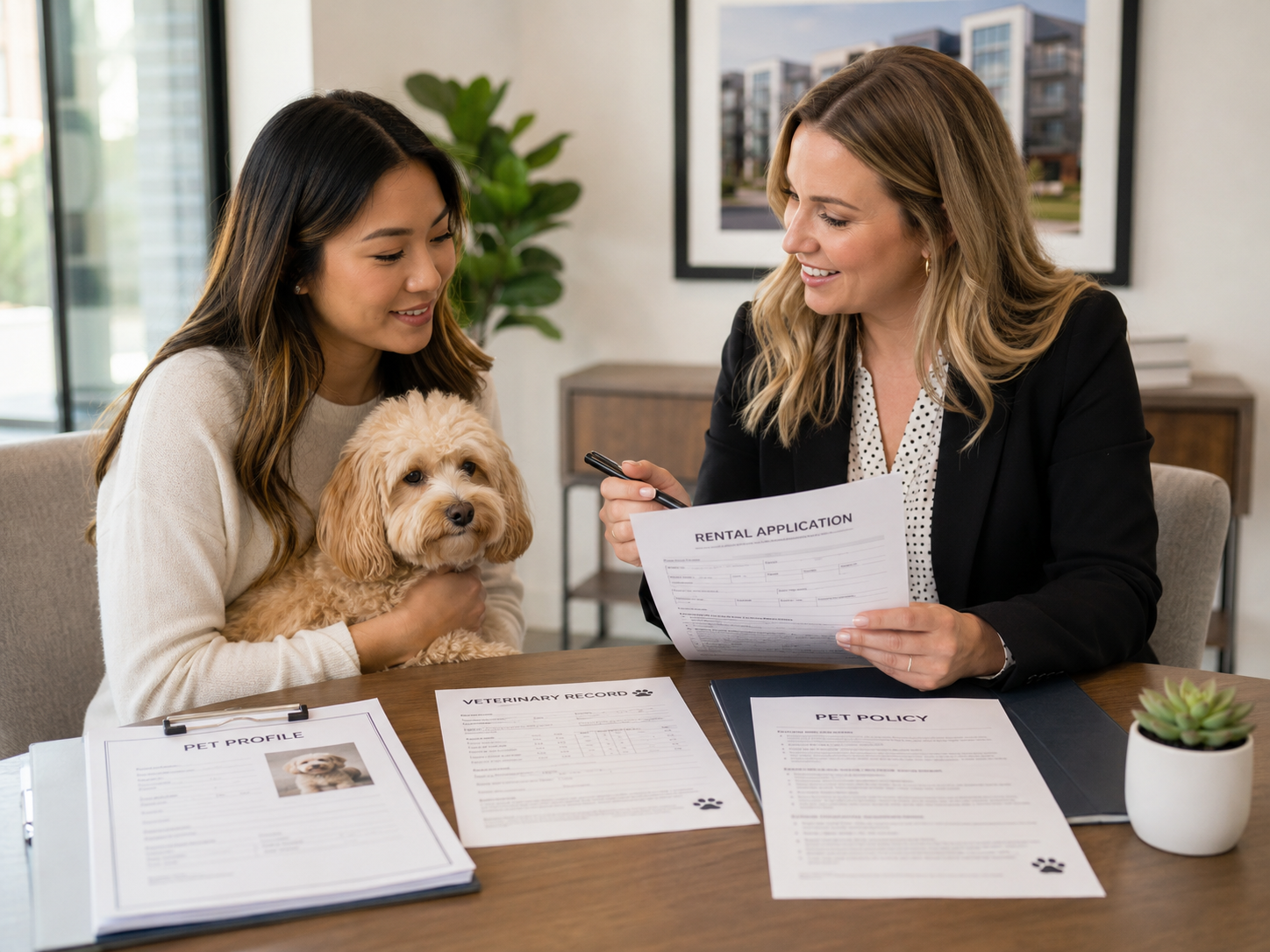 woman with a dog on her lap reviewing a rental application with a property manager