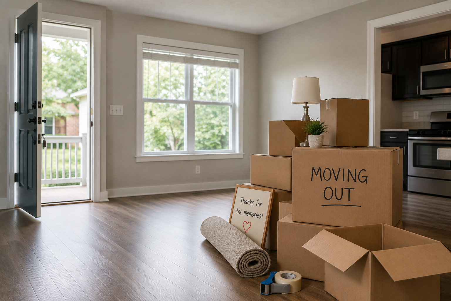a bunch of cardboard boxes for moving out with a sign that says thanks
