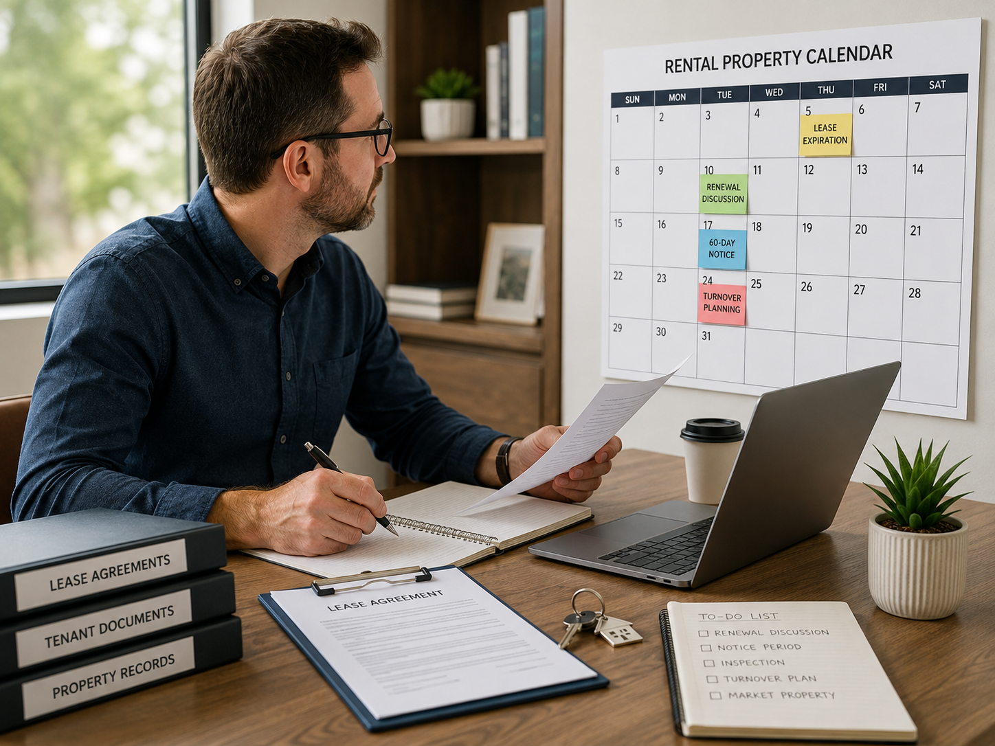 a landlord looking at a rental property calendar surrounded by a lease agreement, house keys, to-do list, and other documents and records