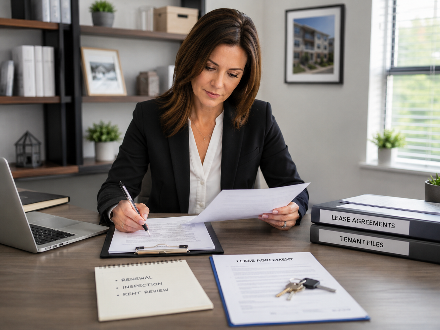 a landlord making notes on a clipboard with a laptop and other documents around her