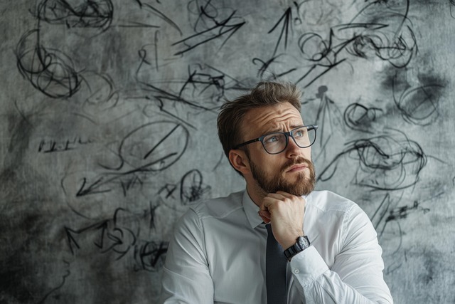 Thinking rofessnional man in glasses thinking in front of a wall covered with abstract black scribbles and arrows